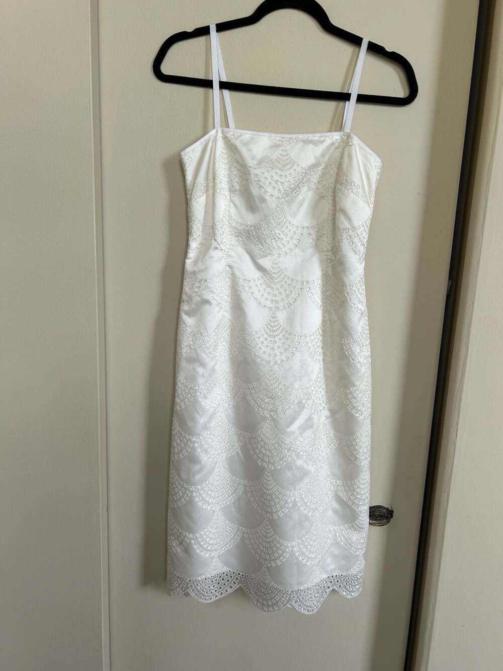Kay Unger Silk Sheath Dress Womens Cream White Embroidered Scallop Eyelet, 2